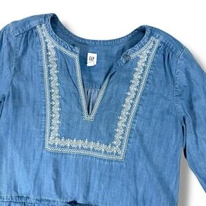 Gap Embroidered Soft Dress Chambray Women's Small Shift Indigo Pockets Boho‎